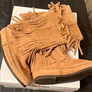 Minnetonka Tan Ankle Booties with Fringe